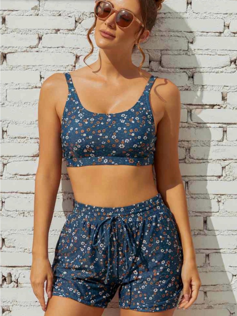 Floral Scoop Bikini Top and Swim Shorts Set - Blue